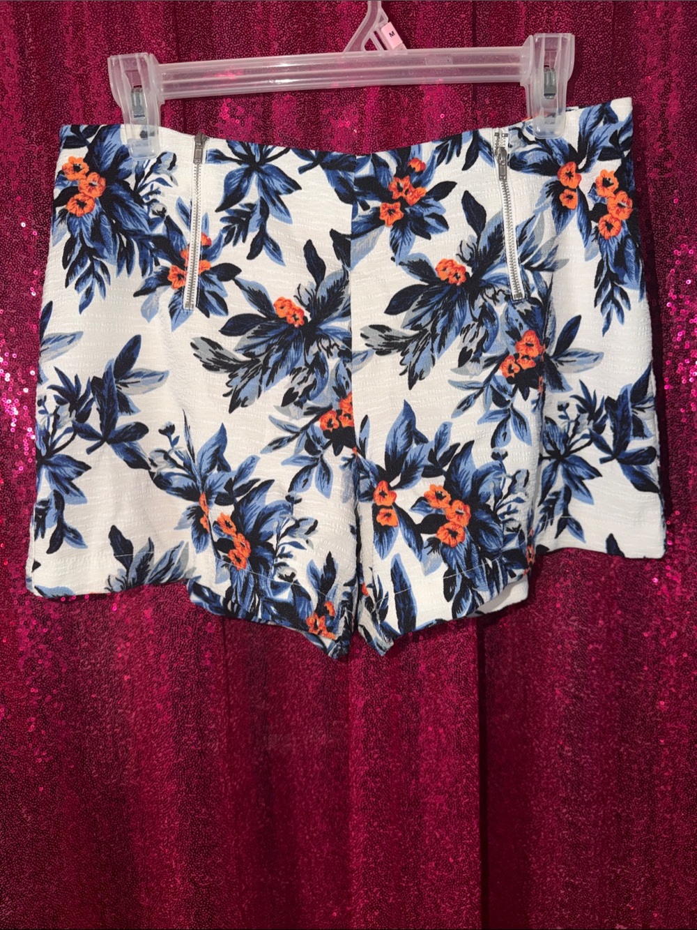 Sophie Rue White High-Waist Floral Shorts with Blue & Orange Print